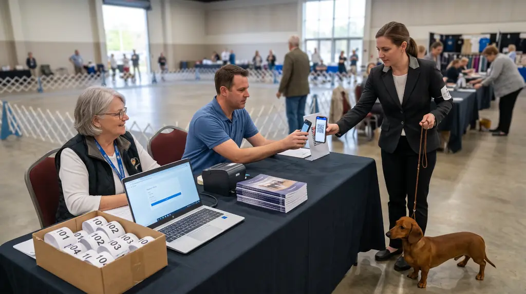 Show office in the morning: an exhibitor collects a start number at a desk with a laptop (AI-generated illustration)