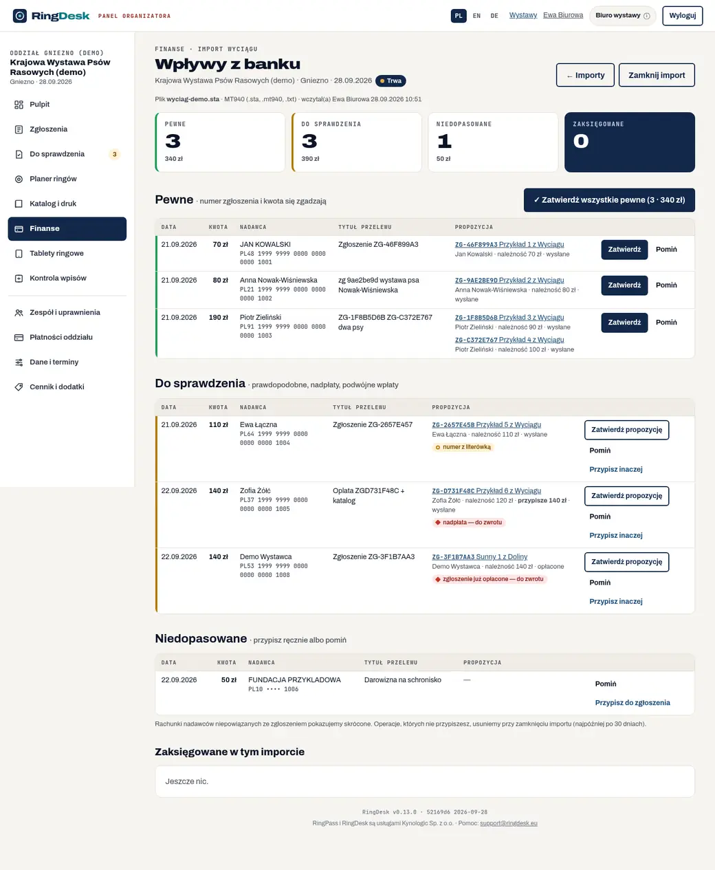 Import wyciągu bankowego z dopasowanymi przelewami