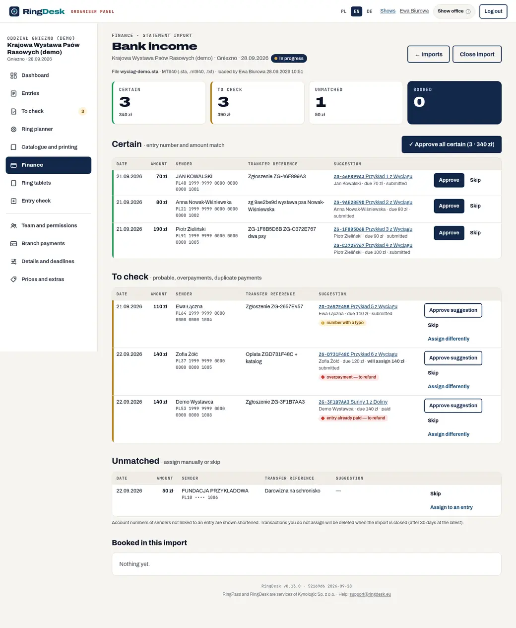 Bank statement import with matched transfers