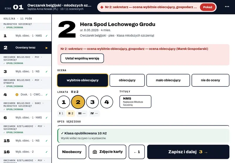 Tablet sekretarza z komunikatem o rozbieżności wpisów